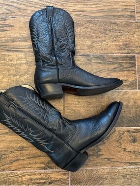 Vintage Nocona Deer Skin Black Leather Western Cowboy Boots Texas USA 12A Rare